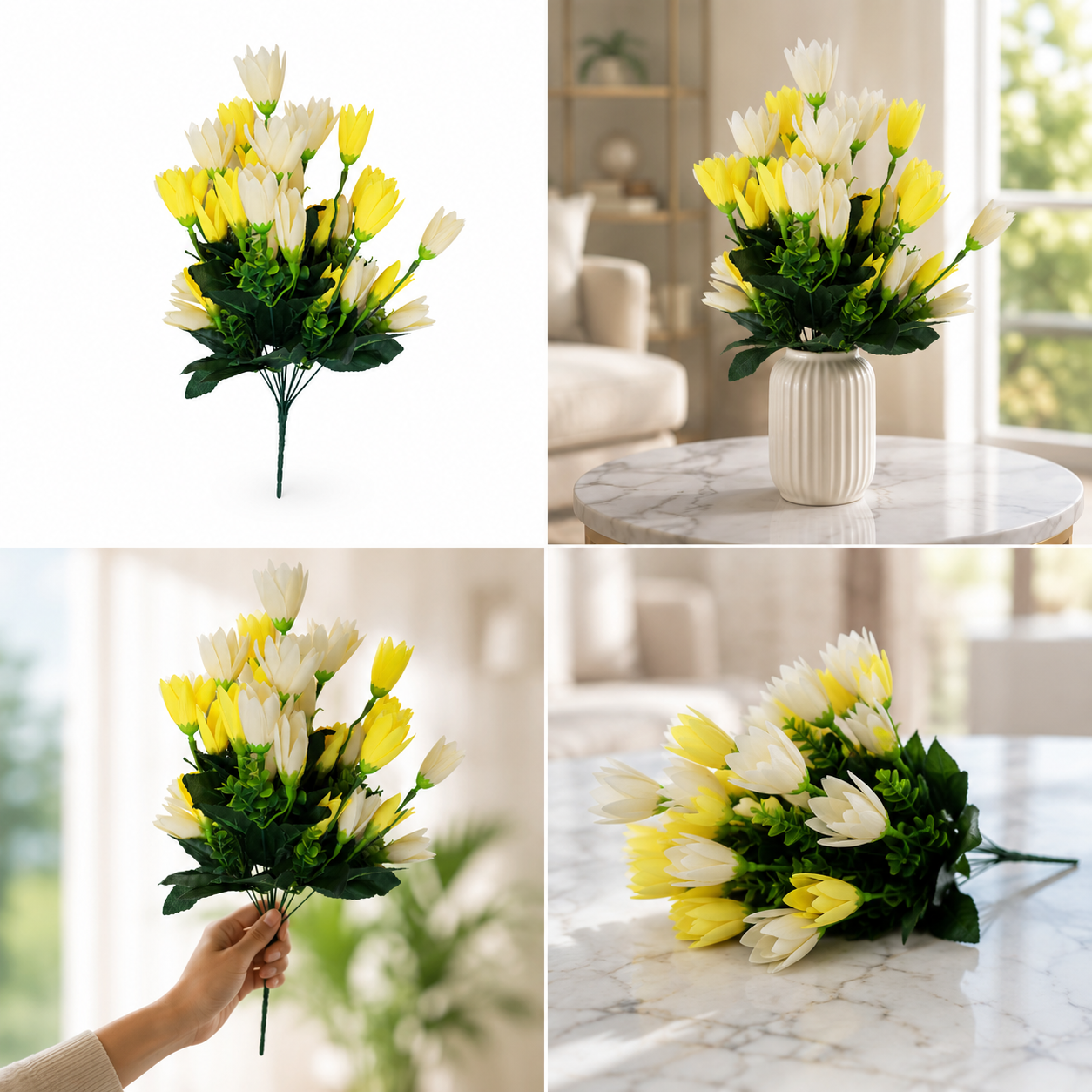 Artificial Chrysanthemum Flower Bunches | Realistic Faux Silk  Flowers with Green Leaves | Decorative Flower Bunch for Home, Office, Wedding & Vase Décor — view 6
